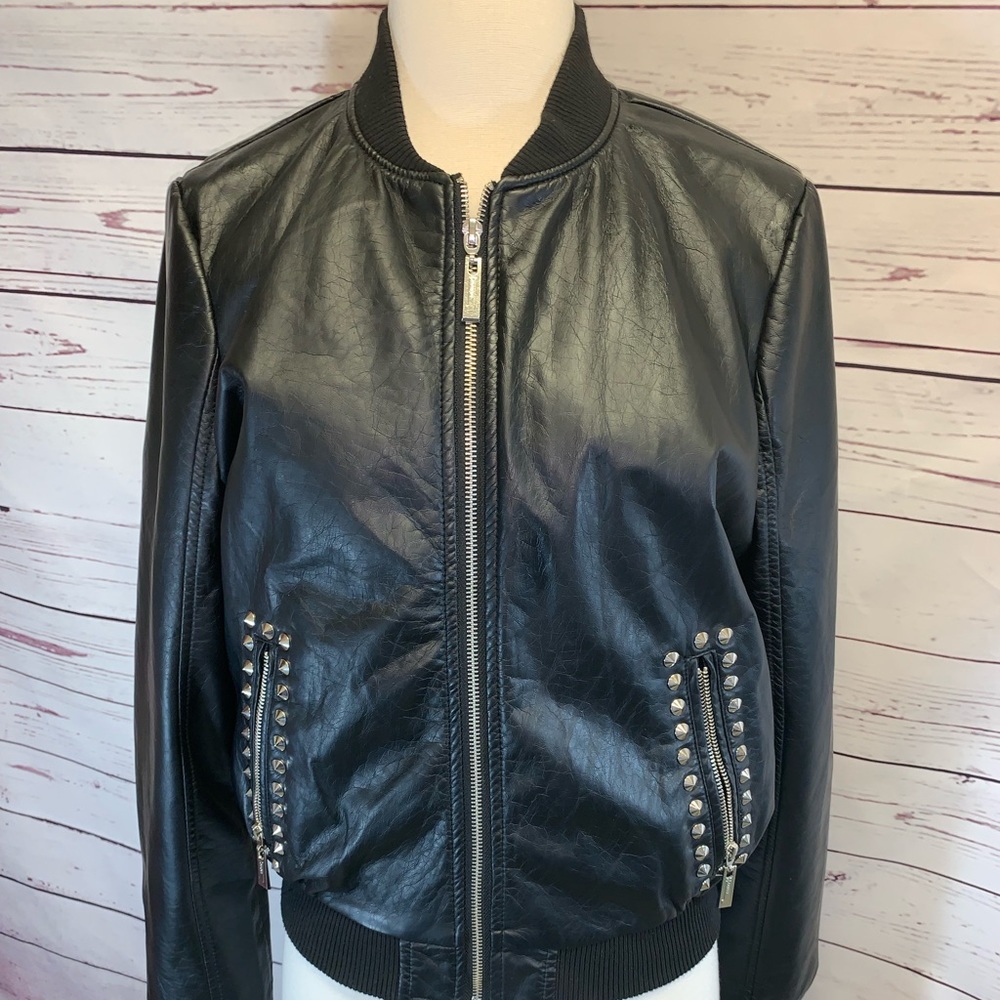 Women's Black Leather Bomber Jacket with Studs